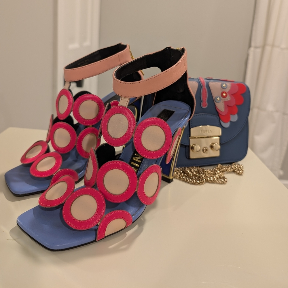 Kat Maconie Chic Pink and Blue Circle-Embellished Heels - Size 7